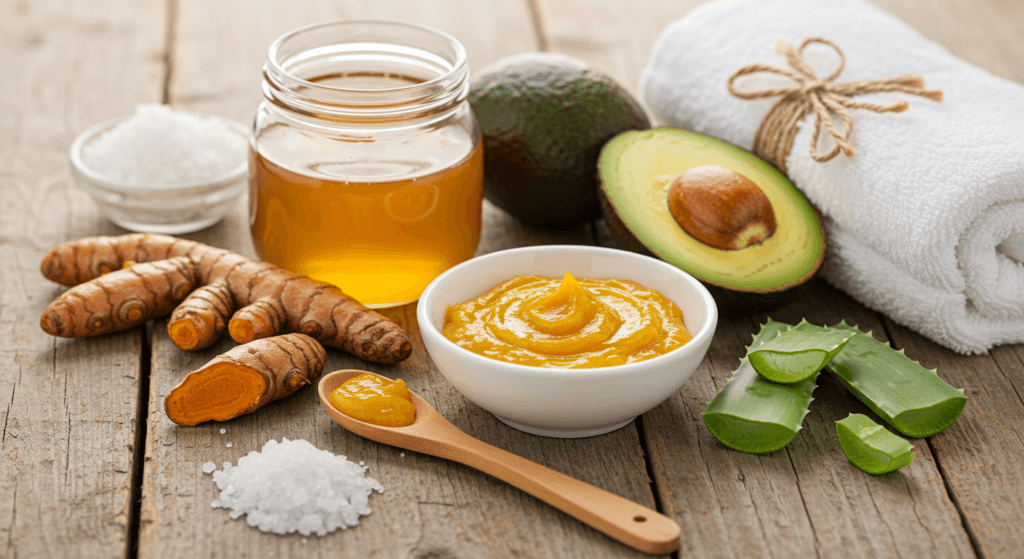 Natural ingredients for DIY skincare remedies: honey, turmeric, avocado, and aloe vera for glowing skin face masks and scrubs