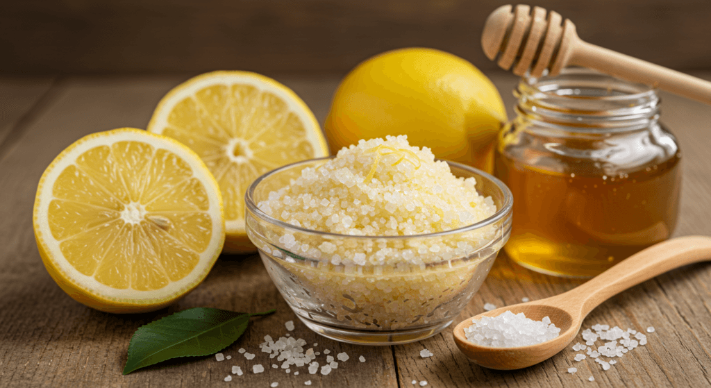 Create your own glowing skin with this simple DIY sugar and lemon face scrub made with fresh, natural ingredients like honey and lemon.